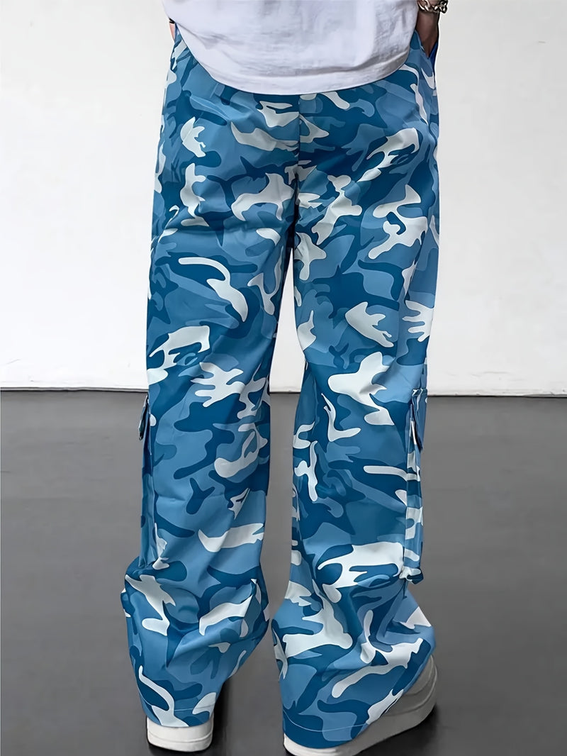 Men's Camouflage Cargo Pants Wide-Leg Trousers with Multi-Pocket Design, Adjustable Waist & Leg Fit, Beige/Green/Brown Camo Print for,, Hunting, (Non-Stretch Durable Casual Pants)