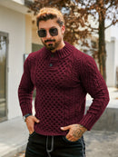 Men's Thermal Stand Collar Cable Knit Sweater - Striped H-Shape Regular Fit Pullover, Machine Washable Winter Sweater with Ribbed Detailing for Autumn & Winter, Knit Sweater, Medium Elasticity Fabric