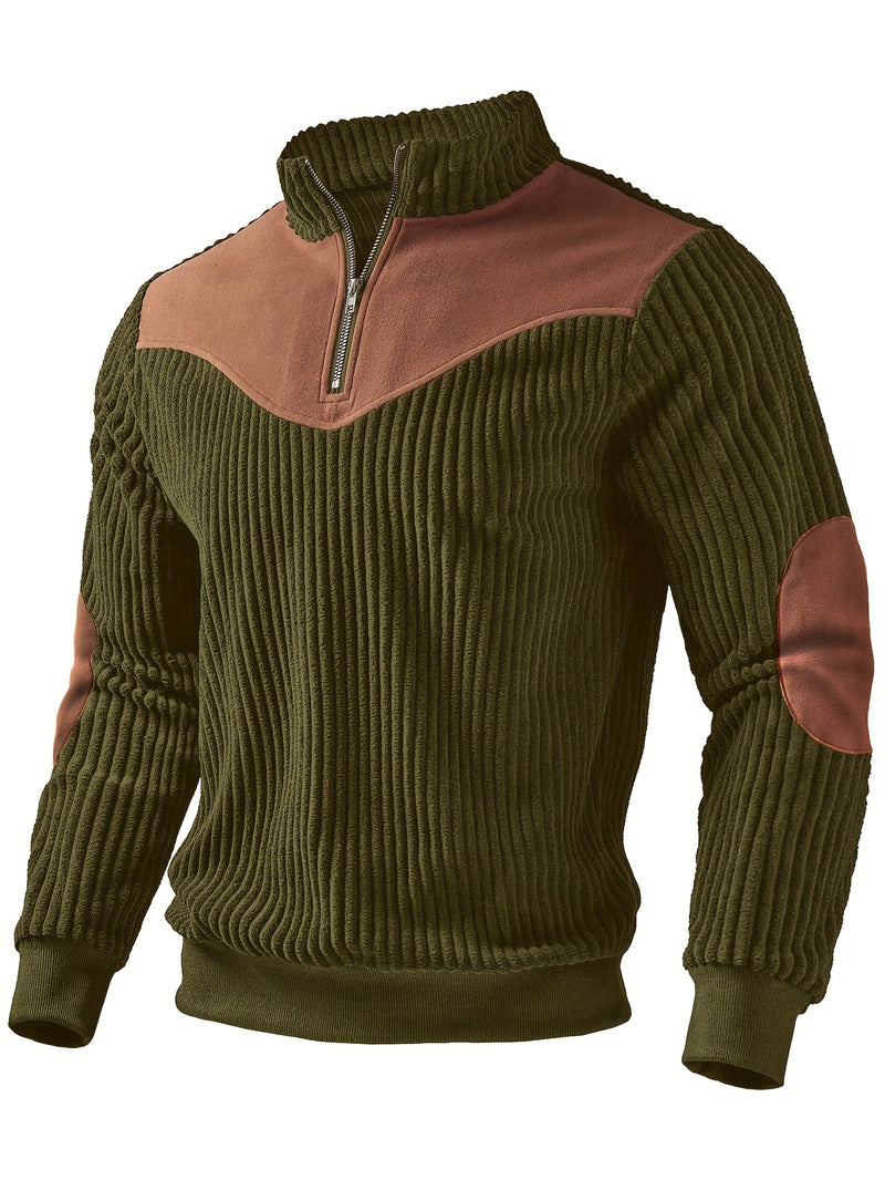 Christmas Men's Gift Men's Stand Collar Pullover Autumn Winter Warm Half-Zip Solid Color Patchwork Ribbed Retro Street Pullover Sweatshirt