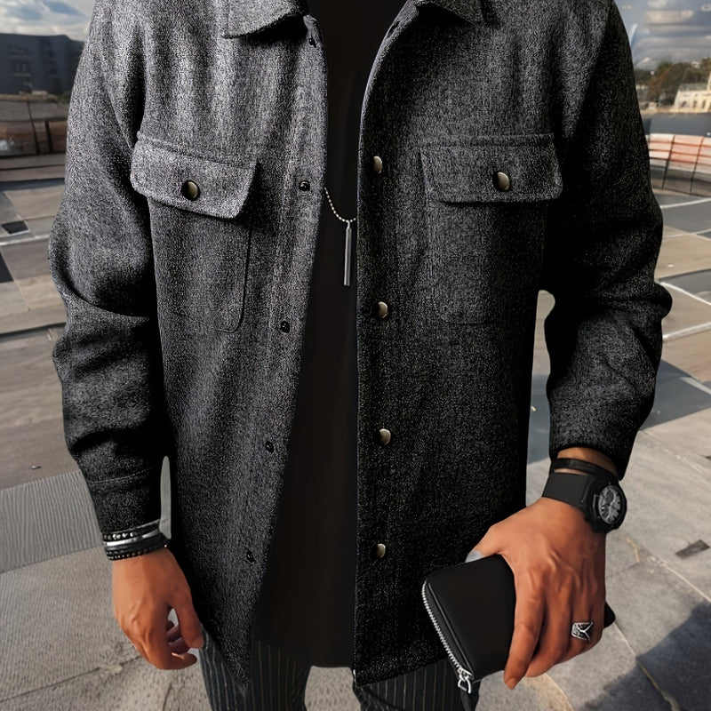 Men's Casual Button-Up Jacket - Long Sleeve, White, Polyester, Flap Pockets, Machine Washable, Spring/Fall Outerwear