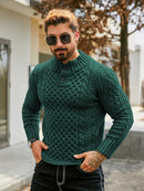 Men's Thermal Stand Collar Cable Knit Sweater - Striped H-Shape Regular Fit Pullover, Machine Washable Winter Sweater with Ribbed Detailing for Autumn & Winter, Knit Sweater, Medium Elasticity Fabric