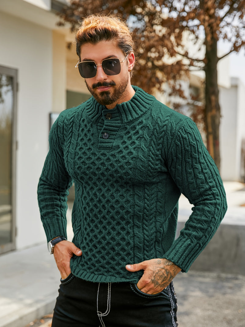 Men's Thermal Stand Collar Cable Knit Sweater - Striped H-Shape Regular Fit Pullover, Machine Washable Winter Sweater with Ribbed Detailing for Autumn & Winter, Knit Sweater, Medium Elasticity Fabric