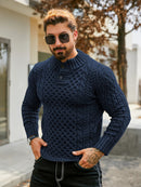 Men's Thermal Stand Collar Cable Knit Sweater - Striped H-Shape Regular Fit Pullover, Machine Washable Winter Sweater with Ribbed Detailing for Autumn & Winter, Knit Sweater, Medium Elasticity Fabric