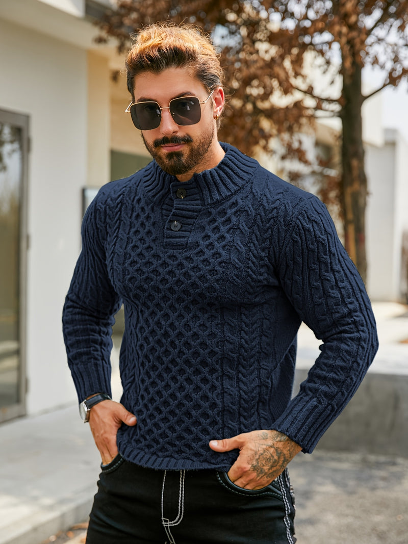 Men's Thermal Stand Collar Cable Knit Sweater - Striped H-Shape Regular Fit Pullover, Machine Washable Winter Sweater with Ribbed Detailing for Autumn & Winter, Knit Sweater, Medium Elasticity Fabric