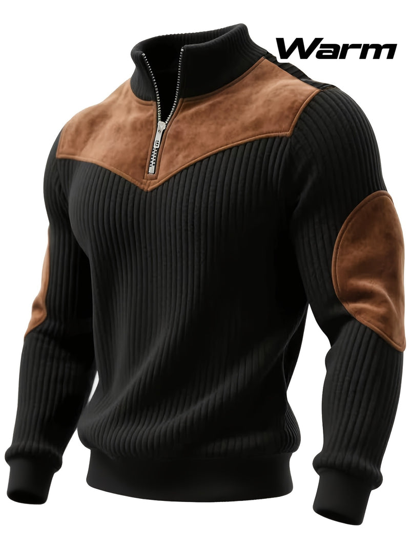 Christmas Men's Gift Men's Stand Collar Pullover Autumn Winter Warm Half-Zip Solid Color Patchwork Ribbed Retro Street Pullover Sweatshirt