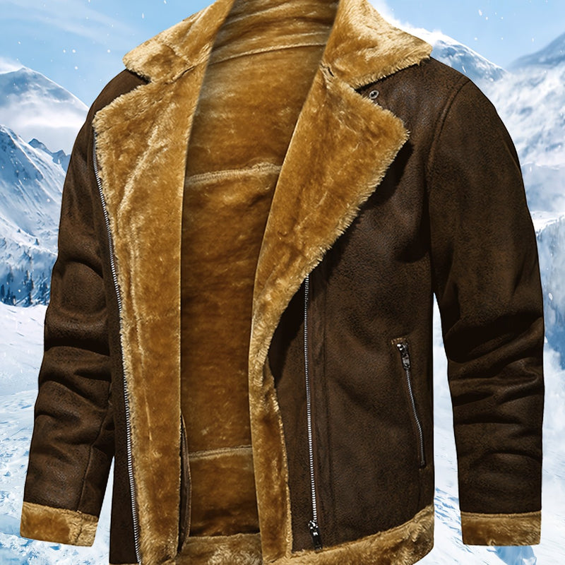 Men's Winter Jacket with Faux Fur & Turned-Up Collar - Thickened Coat, Collar & Pocket, Machine Washable Cold Weather Outerwear ( Fill) - Brown/ for Skiing, Snowboarding & Outdoor Activities