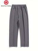 Men's Straight-Leg Casual Trousers - Dark Grey/Black Solid Color Elastic Waist with Drawstring, Belt-Free Design, All-Season Versatile Dress Pants for Office, Semi-Formal & Casual Attire - Mid-Rise Straight Fit (No Belt Inclu
