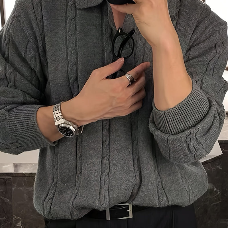 2024 New Men's Autumn Winter Casual Neck Sweater - Crocodile Pattern Knit Pullover, Mid-Stretch Fabric, Hand Washable, Regular Fit Long Sleeve for Office & Social Events