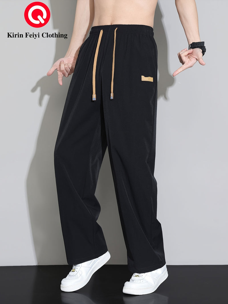 Men's Straight-Leg Casual Trousers - Dark Grey/Black Solid Color Elastic Waist with Drawstring, Belt-Free Design, All-Season Versatile Dress Pants for Office, Semi-Formal & Casual Attire - Mid-Rise Straight Fit (No Belt Inclu