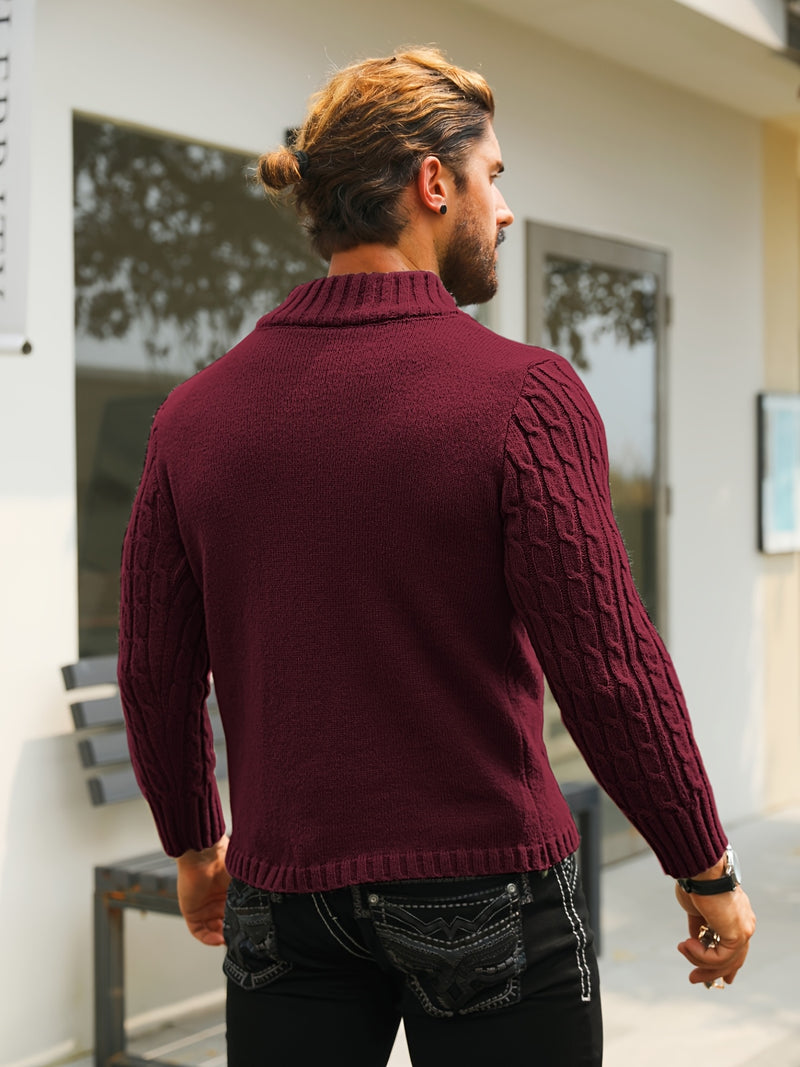 Men's Thermal Stand Collar Cable Knit Sweater - Striped H-Shape Regular Fit Pullover, Machine Washable Winter Sweater with Ribbed Detailing for Autumn & Winter, Knit Sweater, Medium Elasticity Fabric