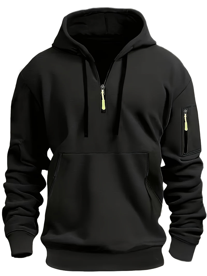 Men's Autumn Winter Zip-Up Hoodie - Black Outdoor Casual Pullover with Front Zipper, Ribbed Cuffs & Hem, Machine Washable Regular Fit Sweatshirt, Autumn Winter Apparel | Minimalist Hoodie | Functional Pockets, Sweater Hoodie