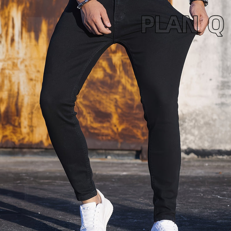 Men'S Black Casual Jeans, Stretchy Skinny Pants, Stylish Slim-Fit Tapered Trousers.
