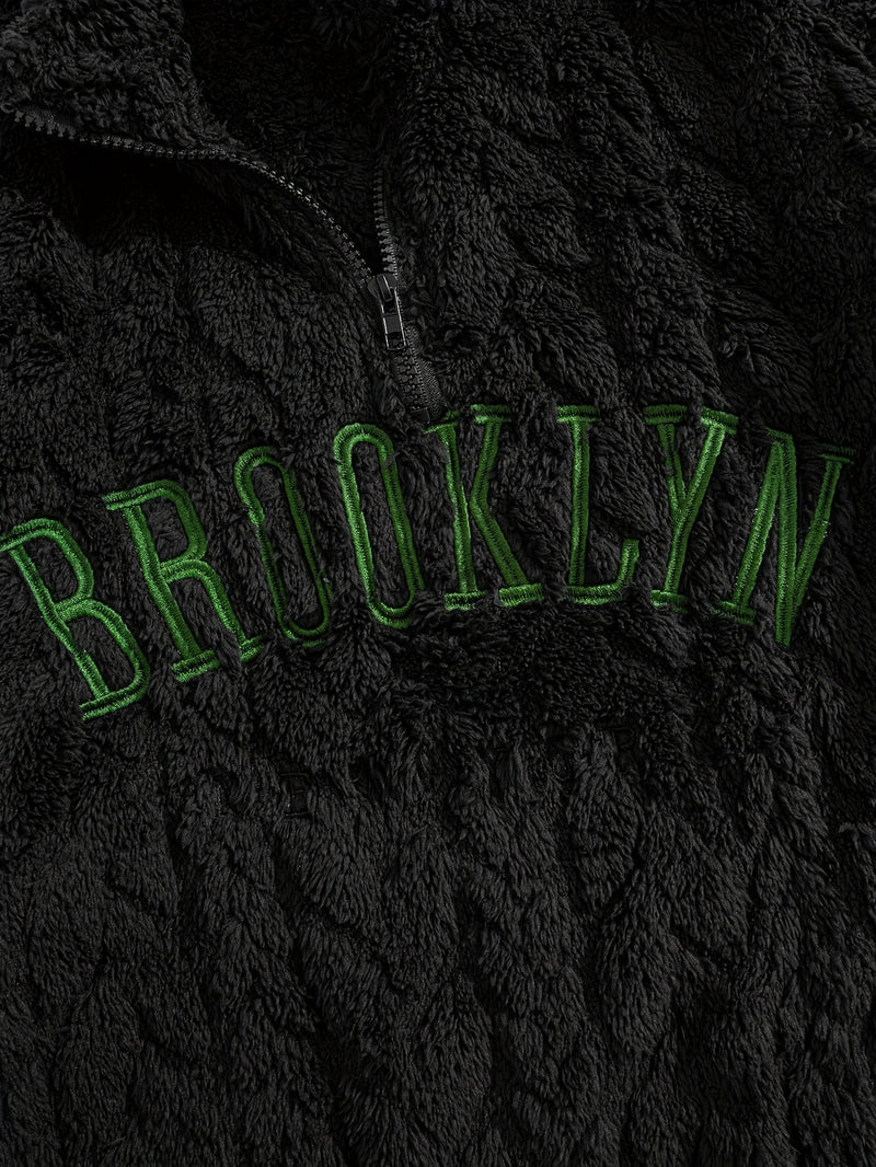 1pc Solid Color Plush Stand Collar Zipper Sweater - Soft Warm Breathable Loose Fit Long Sleeve Casual Sweatshirt with Embroidery, Hand Washable for Casual Attire & Layering, Cozy Winter Outfits