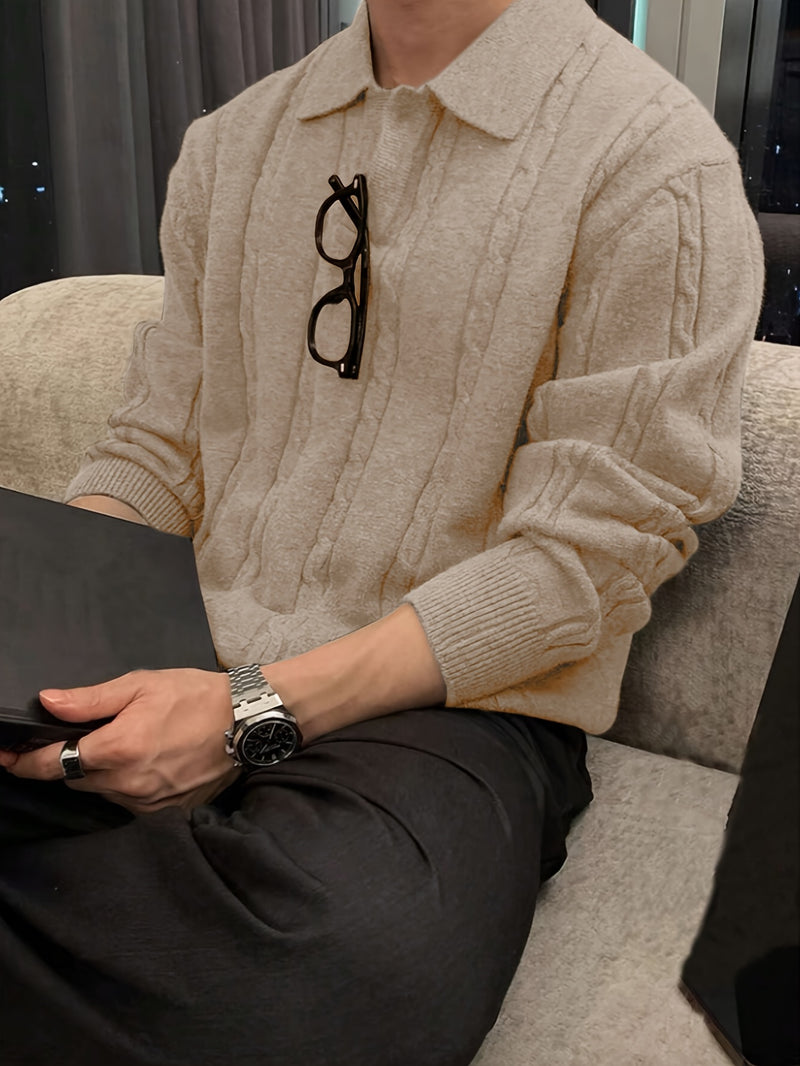 2024 New Men's Autumn Winter Casual Neck Sweater - Crocodile Pattern Knit Pullover, Mid-Stretch Fabric, Hand Washable, Regular Fit Long Sleeve for Office & Social Events