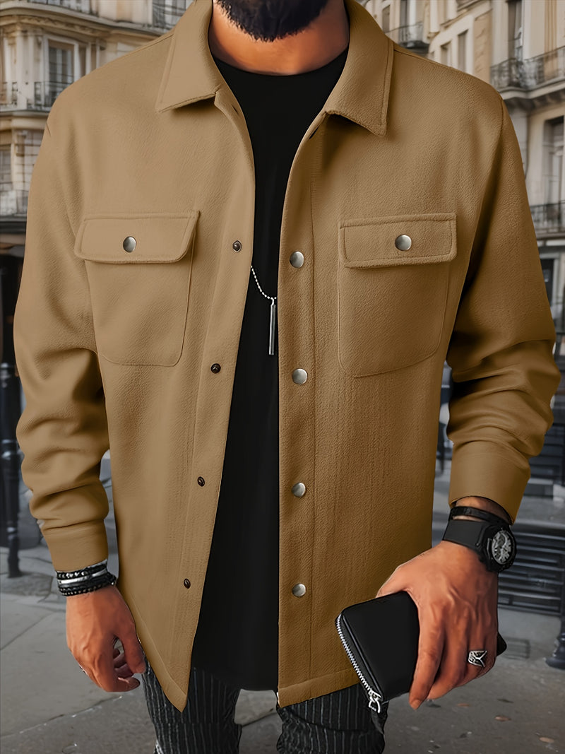 Men's Casual Button-Up Jacket - Long Sleeve, White, Polyester, Flap Pockets, Machine Washable, Spring/Fall Outerwear