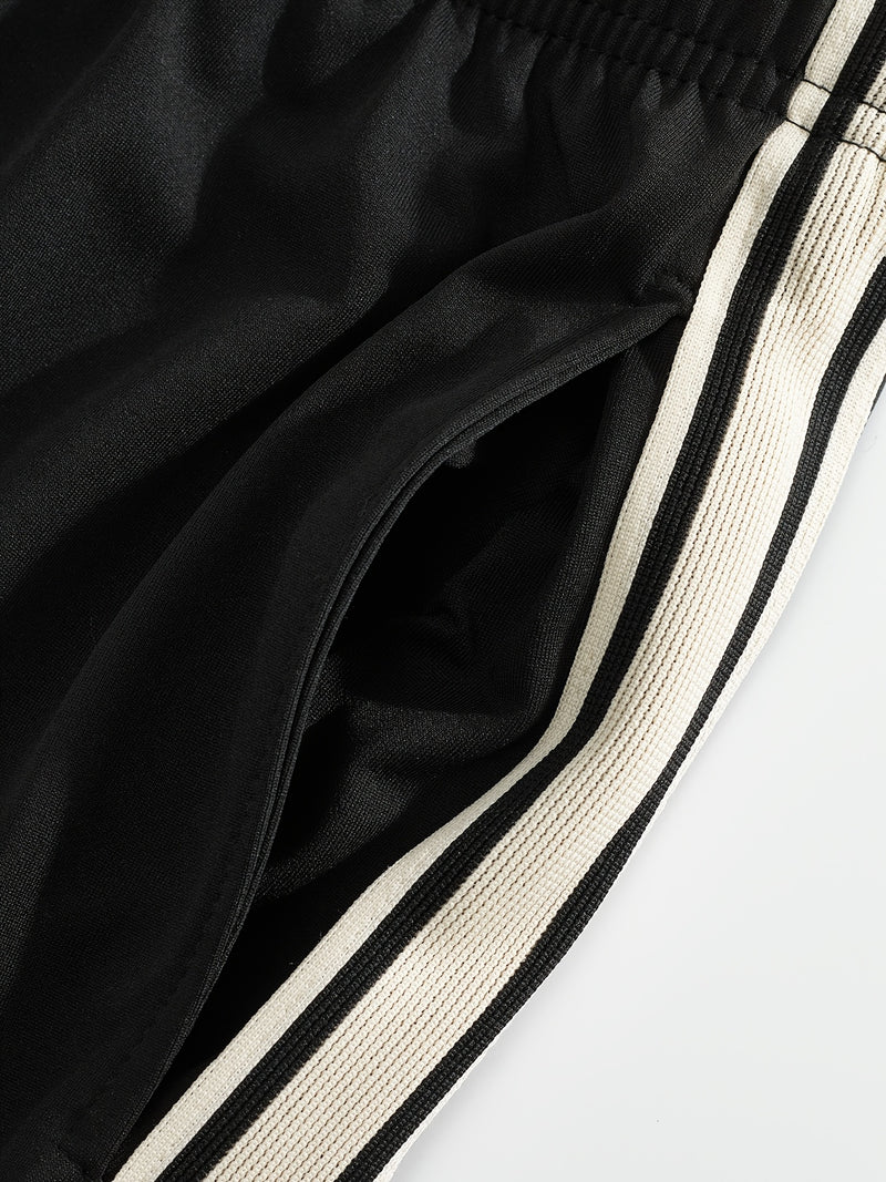 Men'S Casual Striped Straight-Leg Joggers - Loose Fit, Lightweight Polyester, Black & White Vertical Stripes, Pockets, Perfect for Casual Attire, Relaxed Fit Pants | Modern Striped Pants | Lightweight Fabric