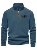 Men's Vintage Embroidered Fleece Half-Zip Stand Collar Sweatshirt - Warm Winter Pullover with Star and Wings Design, Long Sleeves, Machine Washable, Cozy Casualwear | Embroidered Collar | Halfzip Sweatshirt