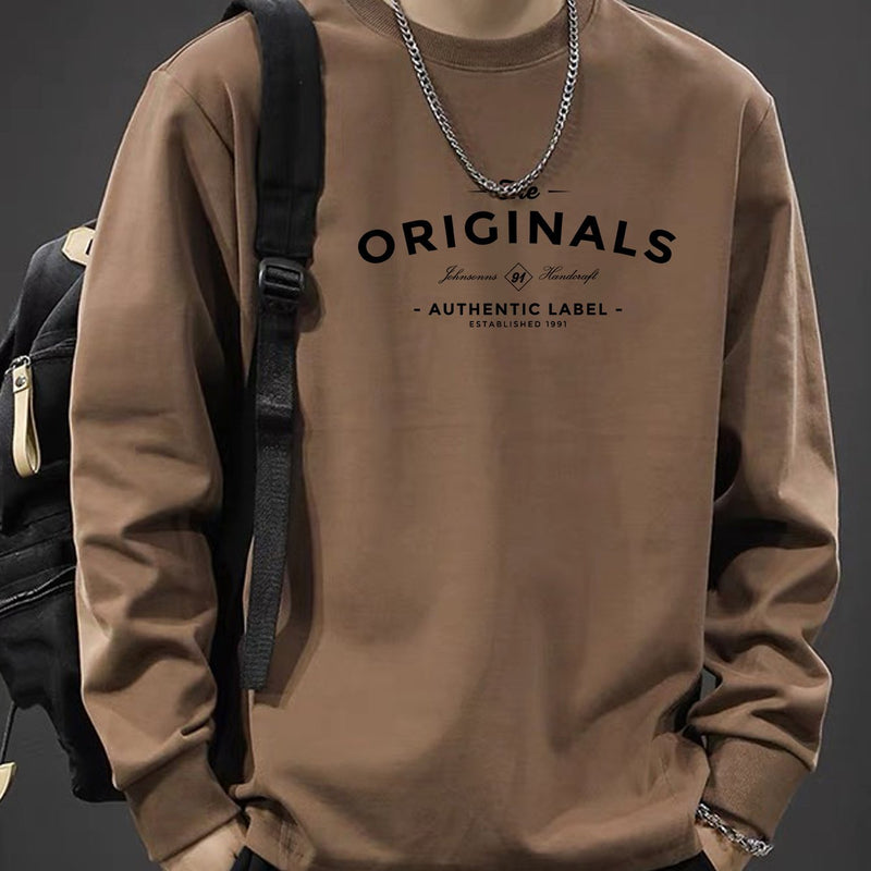 Iron Genghis & Forward Bull Men's Casual Long Sleeve T-Shirt - Relaxed Fit Round Neck, "Originals" Letter Print, Machine Washable,, Plus Size Available