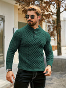 Men's Thermal Stand Collar Cable Knit Sweater - Striped H-Shape Regular Fit Pullover, Machine Washable Winter Sweater with Ribbed Detailing for Autumn & Winter, Knit Sweater, Medium Elasticity Fabric