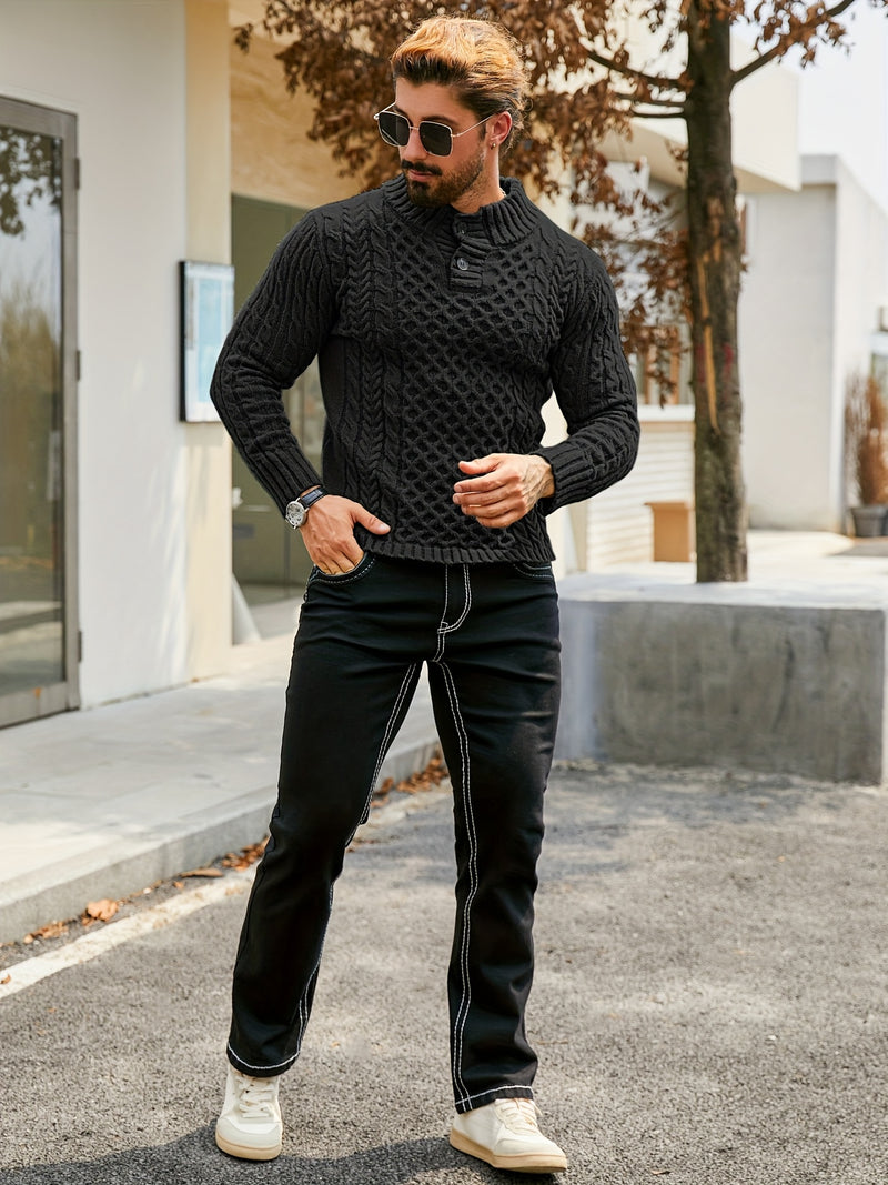 Men's Thermal Stand Collar Cable Knit Sweater - Striped H-Shape Regular Fit Pullover, Machine Washable Winter Sweater with Ribbed Detailing for Autumn & Winter, Knit Sweater, Medium Elasticity Fabric