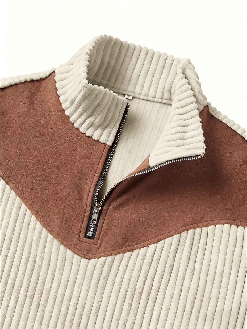 Christmas Men's Gift Men's Stand Collar Pullover Autumn Winter Warm Half-Zip Solid Color Patchwork Ribbed Retro Street Pullover Sweatshirt