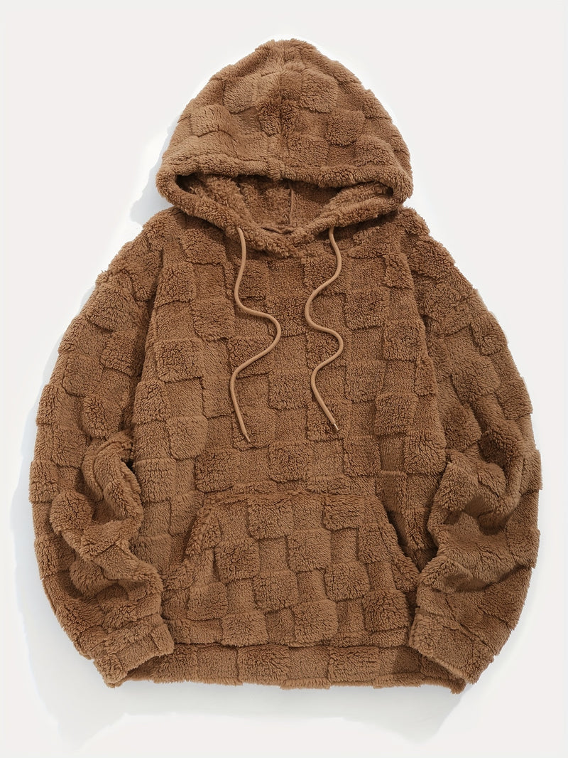 Men'S Plush Fleece Hoodie - Cozy Loose Fit Winter Pullover with Front Pocket, Soft Textured Design for Casual Casual Attire, Brown, Autumn Winter Apparel, Hooded Sweatshirt, Durable Comfort