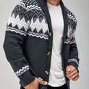 Men's Casual Geometric Pattern Cardigan Sweater - Navy Blue with White and Black Accents, Button-Up Collar, Machine Washable, Polyester for Fall/Winter