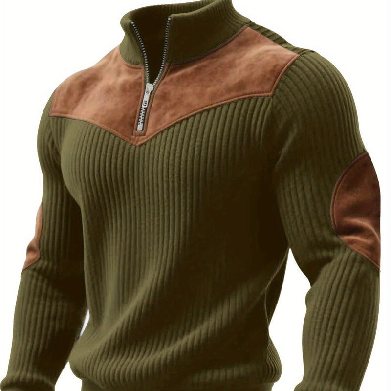 Christmas Men's Gift Men's Stand Collar Pullover Autumn Winter Warm Half-Zip Solid Color Patchwork Ribbed Retro Street Pullover Sweatshirt
