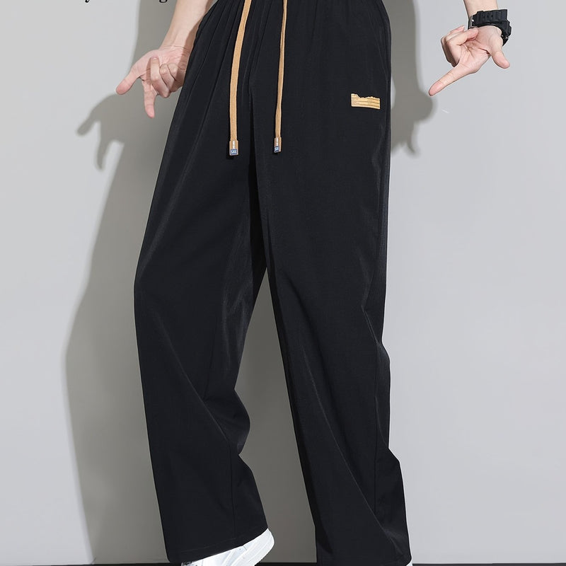 Men's Straight-Leg Casual Trousers - Dark Grey/Black Solid Color Elastic Waist with Drawstring, Belt-Free Design, All-Season Versatile Dress Pants for Office, Semi-Formal & Casual Attire - Mid-Rise Straight Fit (No Belt Inclu