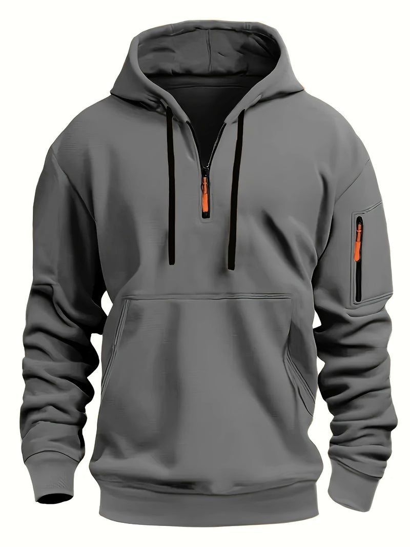 Men's Autumn Winter Zip-Up Hoodie - Black Outdoor Casual Pullover with Front Zipper, Ribbed Cuffs & Hem, Machine Washable Regular Fit Sweatshirt, Autumn Winter Apparel | Minimalist Hoodie | Functional Pockets, Sweater Hoodie