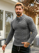 Men's Thermal Stand Collar Cable Knit Sweater - Striped H-Shape Regular Fit Pullover, Machine Washable Winter Sweater with Ribbed Detailing for Autumn & Winter, Knit Sweater, Medium Elasticity Fabric