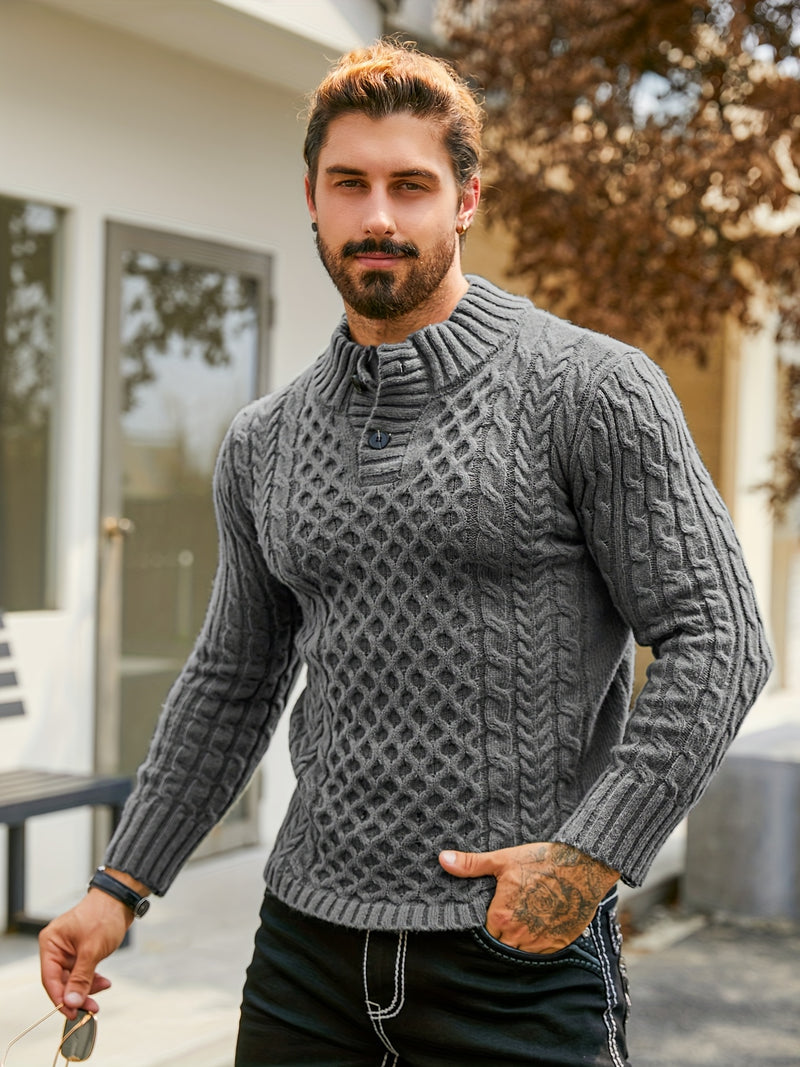Men's Thermal Stand Collar Cable Knit Sweater - Striped H-Shape Regular Fit Pullover, Machine Washable Winter Sweater with Ribbed Detailing for Autumn & Winter, Knit Sweater, Medium Elasticity Fabric