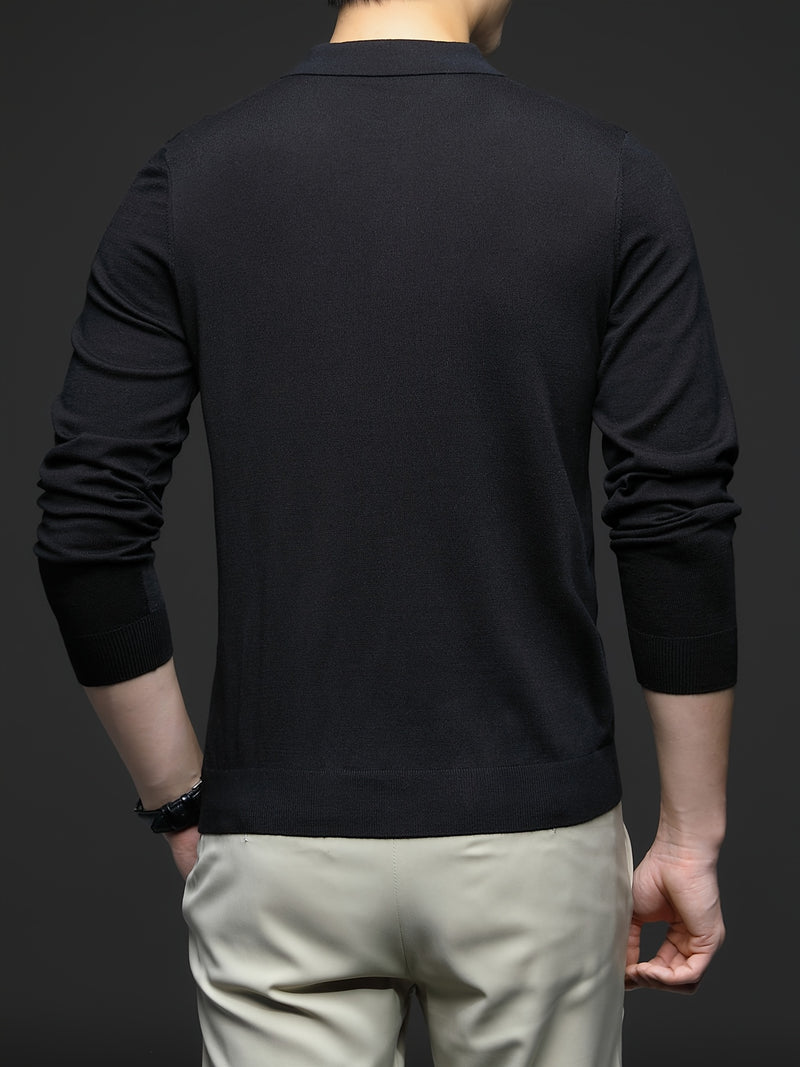 Men's Lightweight Wool Blend Shirt - Long Sleeve, Button-Up Collar, Black, Casual Business Style for Spring & Fall