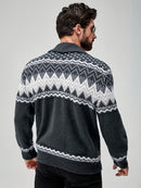 Men's Casual Geometric Pattern Cardigan Sweater - Navy Blue with White and Black Accents, Button-Up Collar, Machine Washable, Polyester for Fall/Winter