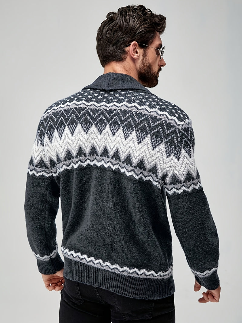 Men's Casual Geometric Pattern Cardigan Sweater - Navy Blue with White and Black Accents, Button-Up Collar, Machine Washable, Polyester for Fall/Winter