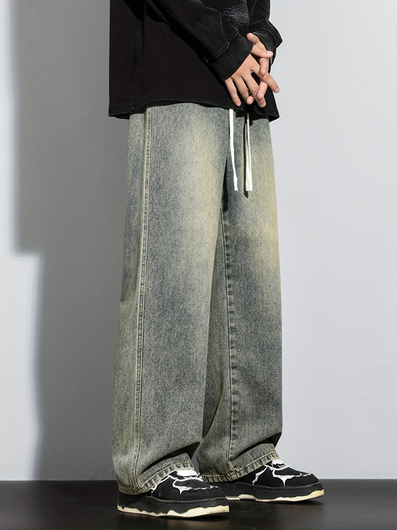 Men's Heavy-Washed Non-Stretch Jeans - Loose Fit Straight-Leg Non-Restrictive Pants, Machine Washable Everyday Jeans for Teens & Adults (Casual Outfits, Parties, All-Season Wear) - YG1133, Party Casual Wear, Distressed Denim