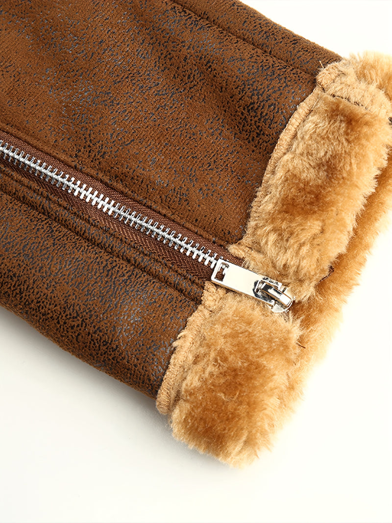 Men's Winter Jacket with Faux Fur & Turned-Up Collar - Thickened Coat, Collar & Pocket, Machine Washable Cold Weather Outerwear ( Fill) - Brown/ for Skiing, Snowboarding & Outdoor Activities