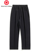 Men's Straight-Leg Casual Trousers - Dark Grey/Black Solid Color Elastic Waist with Drawstring, Belt-Free Design, All-Season Versatile Dress Pants for Office, Semi-Formal & Casual Attire - Mid-Rise Straight Fit (No Belt Inclu