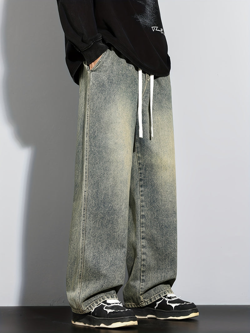 Men's Heavy-Washed Non-Stretch Jeans - Loose Fit Straight-Leg Non-Restrictive Pants, Machine Washable Everyday Jeans for Teens & Adults (Casual Outfits, Parties, All-Season Wear) - YG1133, Party Casual Wear, Distressed Denim