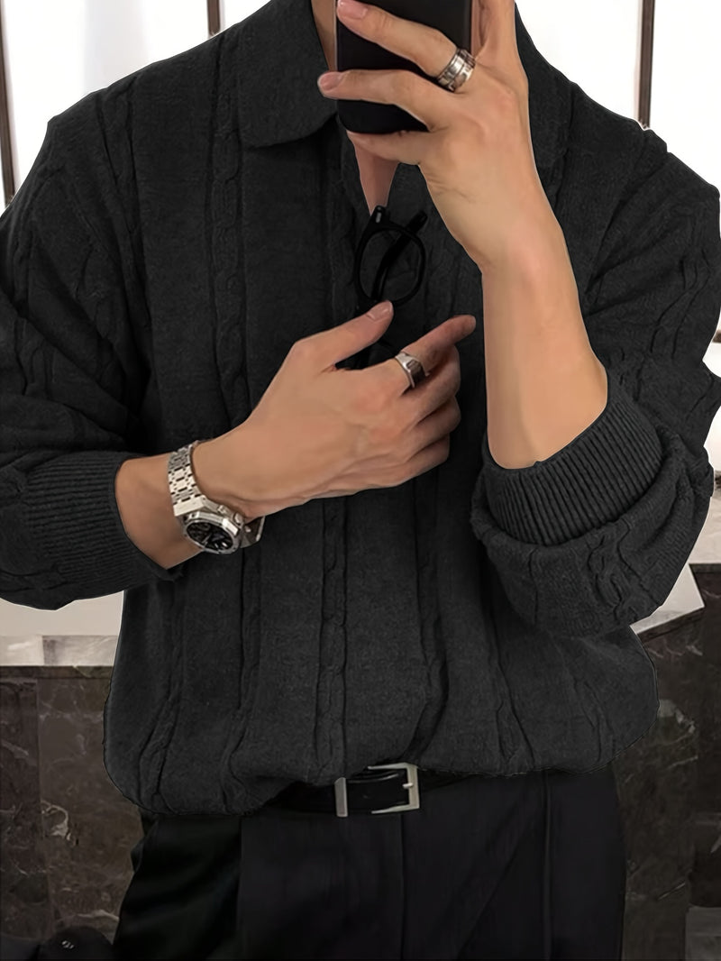 2024 New Men's Autumn Winter Casual Neck Sweater - Crocodile Pattern Knit Pullover, Mid-Stretch Fabric, Hand Washable, Regular Fit Long Sleeve for Office & Social Events