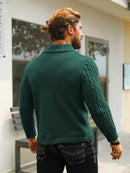 Men's Thermal Stand Collar Cable Knit Sweater - Striped H-Shape Regular Fit Pullover, Machine Washable Winter Sweater with Ribbed Detailing for Autumn & Winter, Knit Sweater, Medium Elasticity Fabric