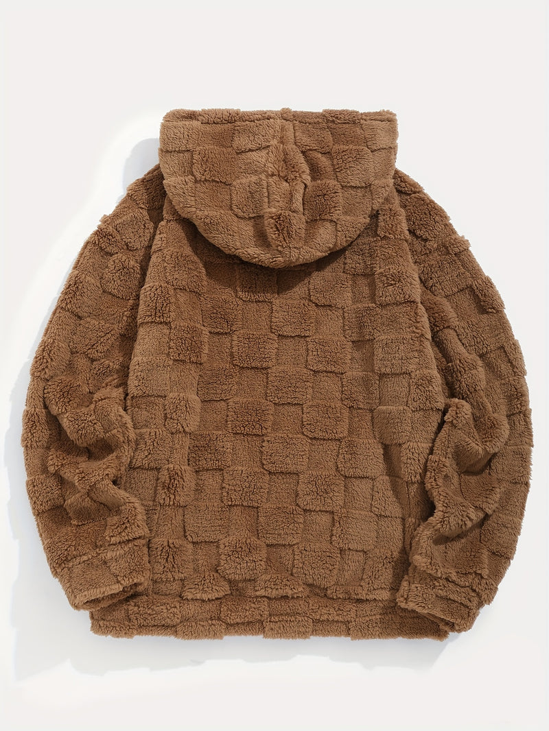 Men'S Plush Fleece Hoodie - Cozy Loose Fit Winter Pullover with Front Pocket, Soft Textured Design for Casual Casual Attire, Brown, Autumn Winter Apparel, Hooded Sweatshirt, Durable Comfort