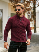 Men's Thermal Stand Collar Cable Knit Sweater - Striped H-Shape Regular Fit Pullover, Machine Washable Winter Sweater with Ribbed Detailing for Autumn & Winter, Knit Sweater, Medium Elasticity Fabric