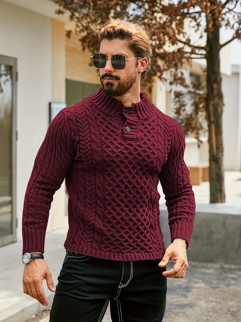 Men's Thermal Stand Collar Cable Knit Sweater - Striped H-Shape Regular Fit Pullover, Machine Washable Winter Sweater with Ribbed Detailing for Autumn & Winter, Knit Sweater, Medium Elasticity Fabric