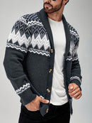 Men's Casual Geometric Pattern Cardigan Sweater - Navy Blue with White and Black Accents, Button-Up Collar, Machine Washable, Polyester for Fall/Winter