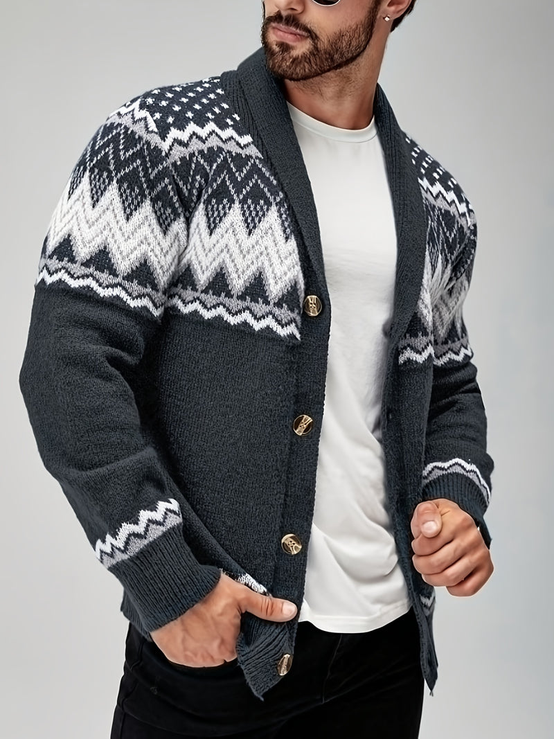 Men's Casual Geometric Pattern Cardigan Sweater - Navy Blue with White and Black Accents, Button-Up Collar, Machine Washable, Polyester for Fall/Winter