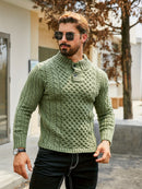 Men's Thermal Stand Collar Cable Knit Sweater - Striped H-Shape Regular Fit Pullover, Machine Washable Winter Sweater with Ribbed Detailing for Autumn & Winter, Knit Sweater, Medium Elasticity Fabric