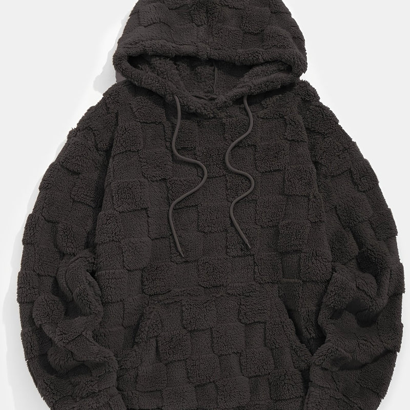 Men'S Plush Fleece Hoodie - Cozy Loose Fit Winter Pullover with Front Pocket, Soft Textured Design for Casual Casual Attire, Brown, Autumn Winter Apparel, Hooded Sweatshirt, Durable Comfort