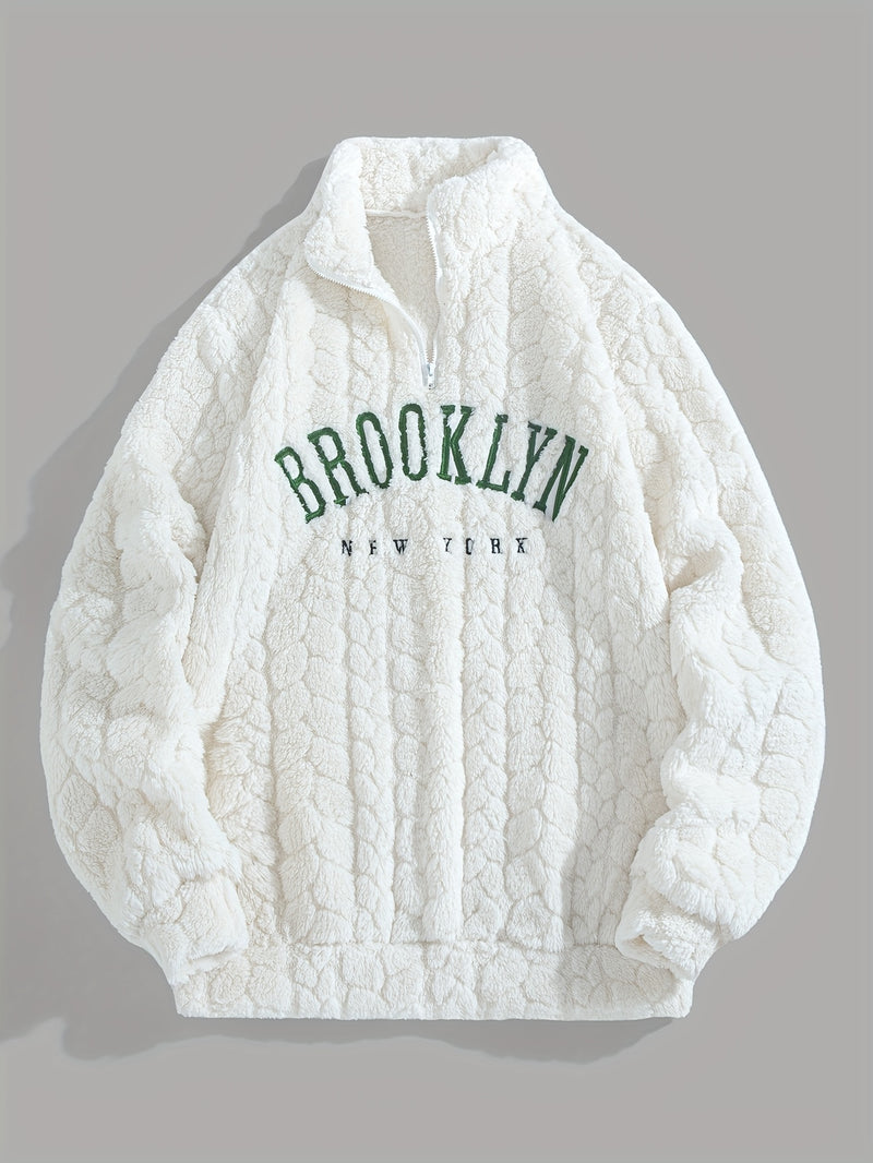 1pc Solid Color Plush Stand Collar Zipper Sweater - Soft Warm Breathable Loose Fit Long Sleeve Casual Sweatshirt with Embroidery, Hand Washable for Casual Attire & Layering, Cozy Winter Outfits