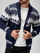 Men's Casual Geometric Pattern Cardigan Sweater - Navy Blue with White and Black Accents, Button-Up Collar, Machine Washable, Polyester for Fall/Winter